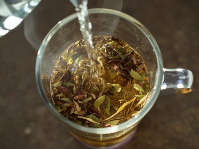 erstelle ein bild eine leere tasse mit teekräutern welche mit heissem wasser übergossen wird